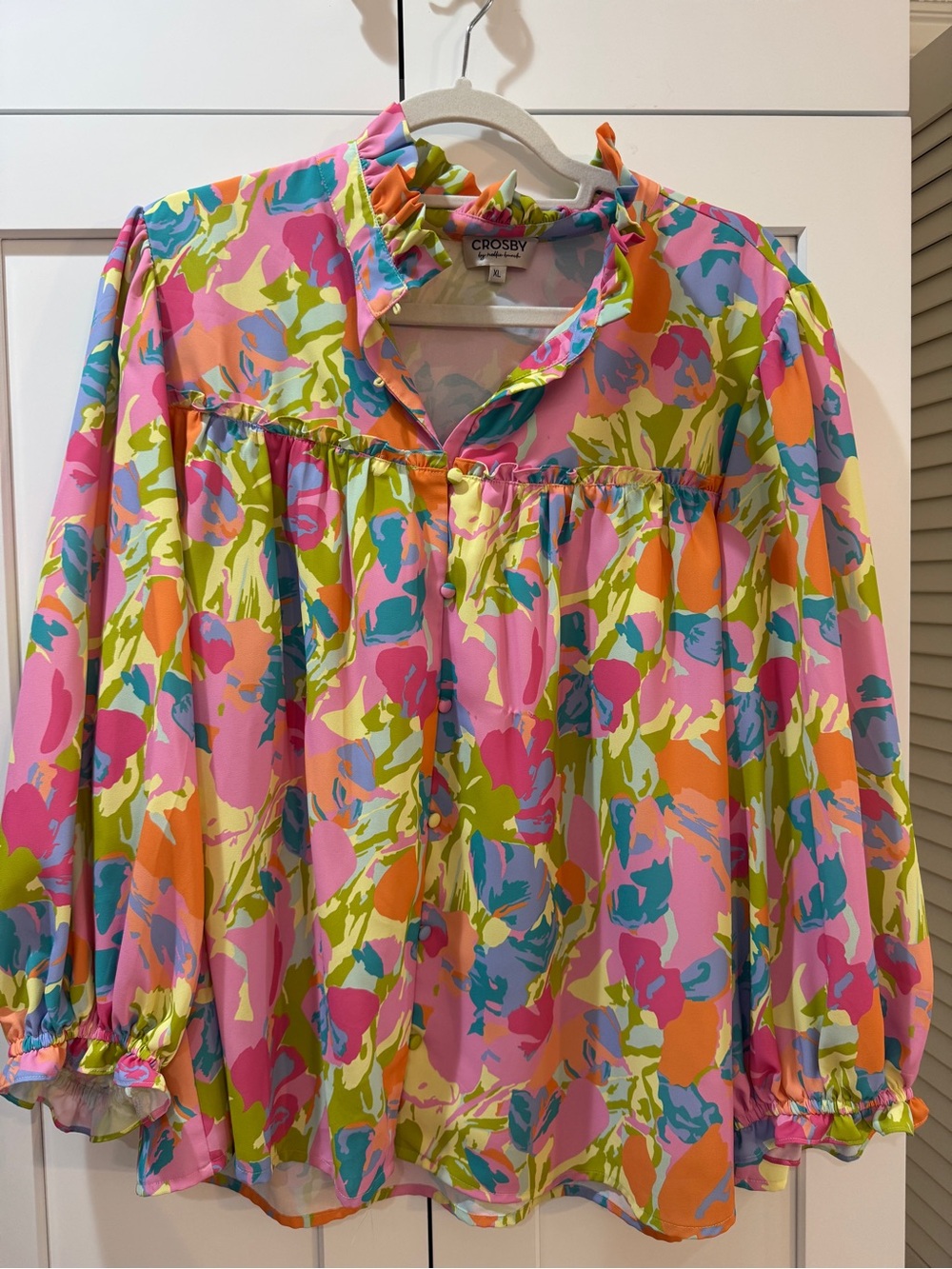 CROSBY by Mollie Burch Bright Floral Ruffle-Neck Blouse - Pink/Green/Orange/Blue